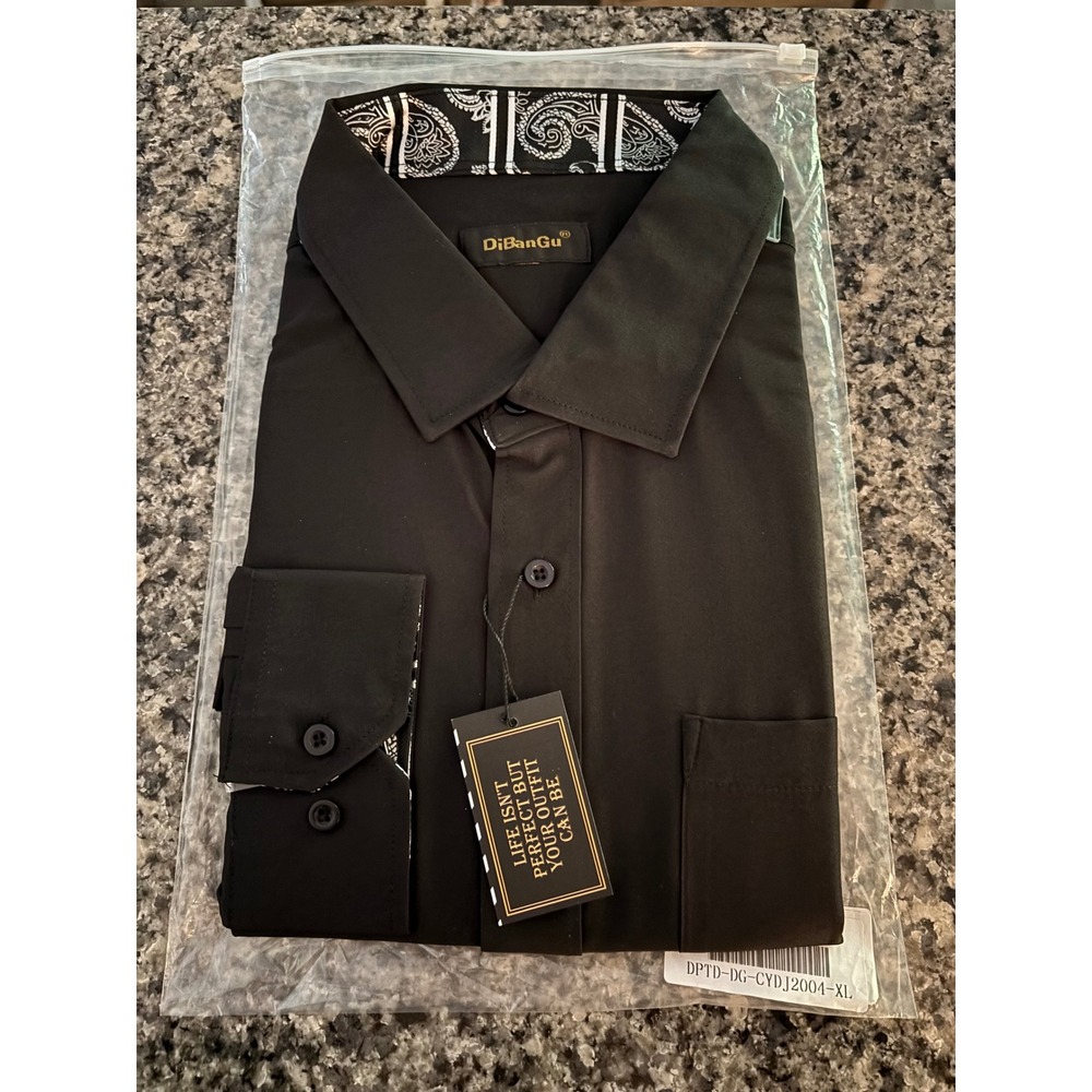 DiBanGu Mens Black Dress Shirt Paisley Contrast Long Sleeve Button Up XL NWT